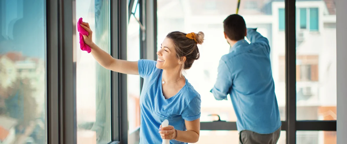 Kvinne og mann som vasker vinduer