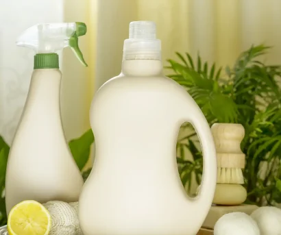 Miljøvennlige rengjøringsprodukter med planter i bakgrunnen