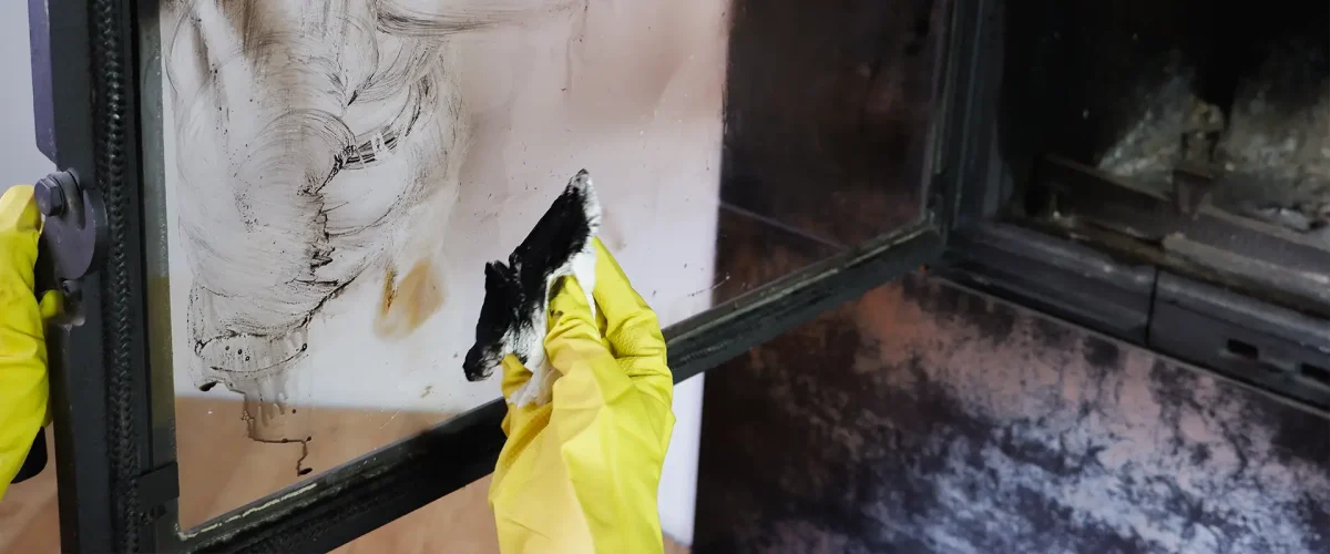 Hånd med gul hanske som rengjør peisovn